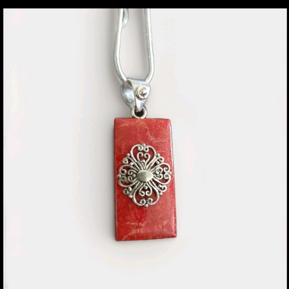 Red Coral Silver Filigree Pendant Necklace 20 in